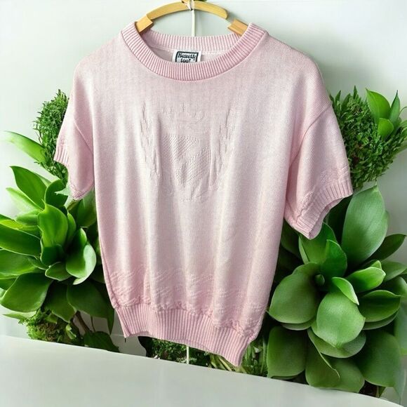 vintage Kenneth Too! Made in USA millennial pink shield Short Sleeve Sweater med - Picture 2 of 7
